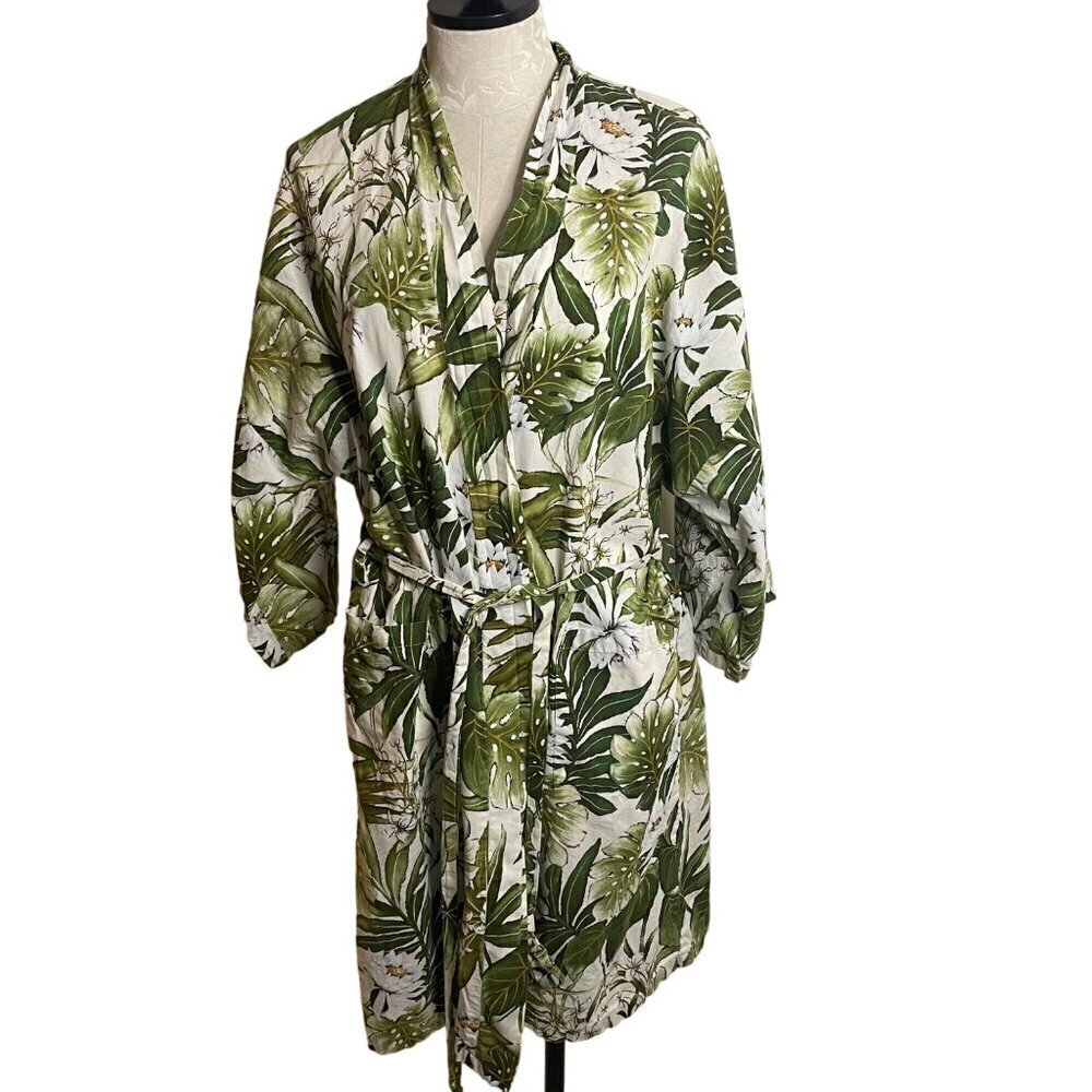 Newt Honolulu Vintage Womens Robe Size L Green Tropical Floral Print Pure Cotton